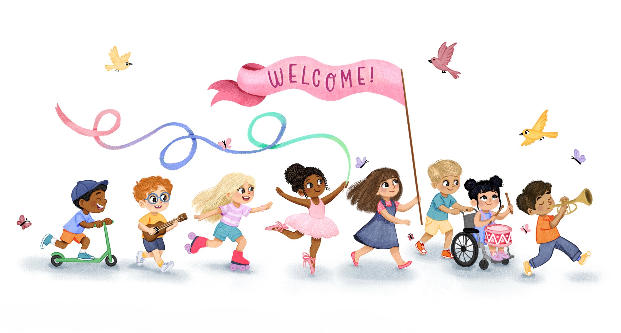 A parade of joyful, diverse children carrying a WELCOME banner