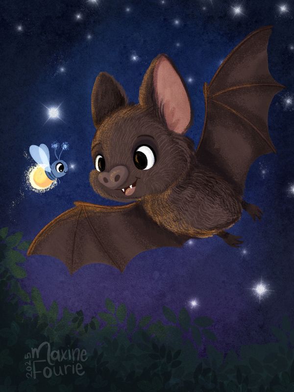A cuddly bat greeting a firefly at night