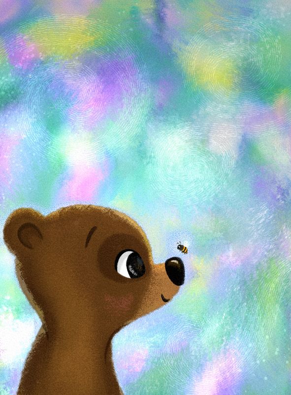 A bear cub meeting a curious bee