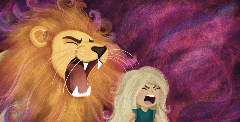 A roaring lion and a startled girl
