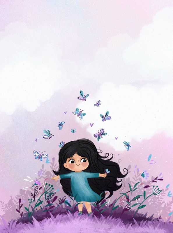 A girl surrounded by butterflies in a dreamy meadow