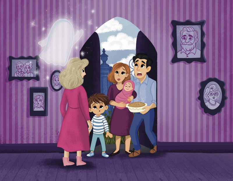 A family portrait in a purple parlor