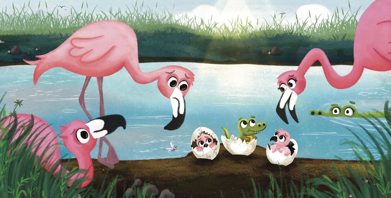 Flamingos and baby crocodiles at a waterhole
