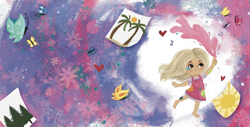 A girl running through a magical flower garden