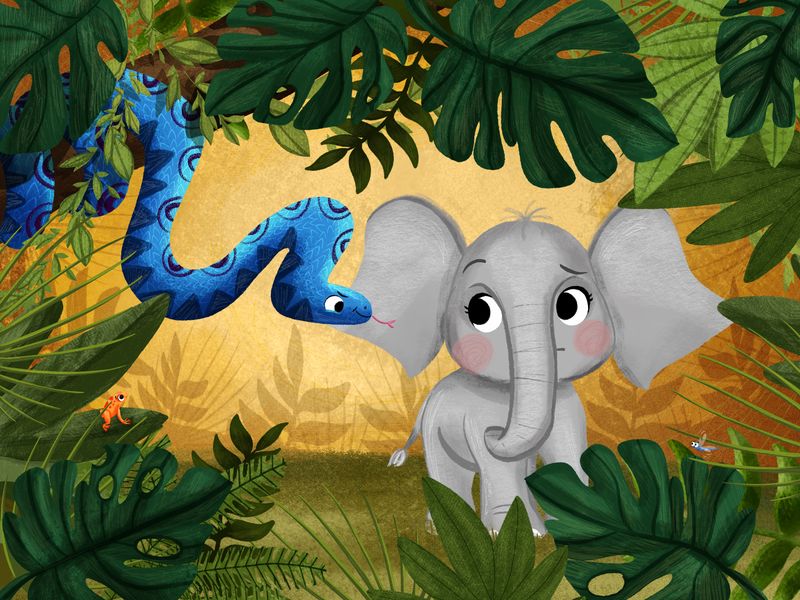 A blue dragon and an elephant among jungle leaves