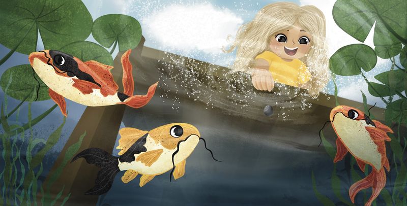 Children swimming among koi fish