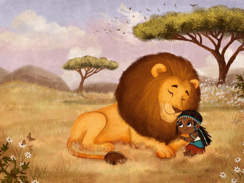 A lion resting with a small child in the savanna