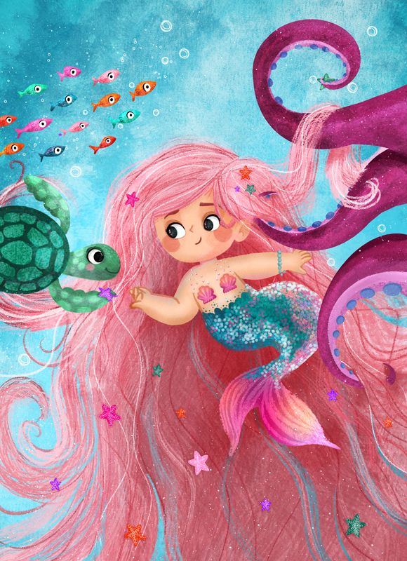 A pink-haired mermaid with a turtle and octopus