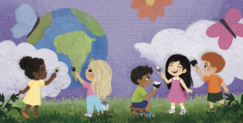 Diverse children gathered around planet Earth
