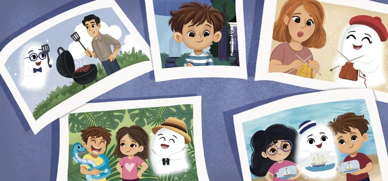 Scattered polaroid photos of storybook characters