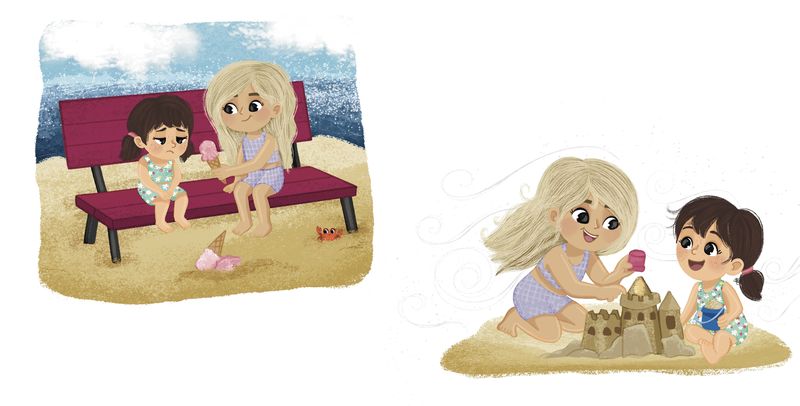 Children building a sandcastle together