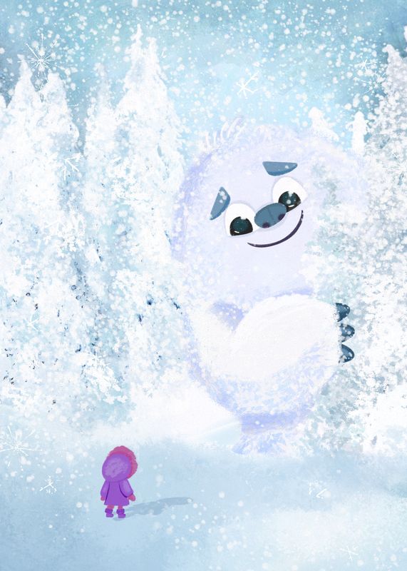 A snow creature and a child in a snowy forest