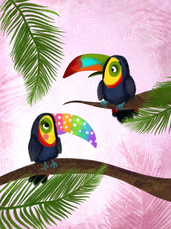 Toucans perched on tropical branches