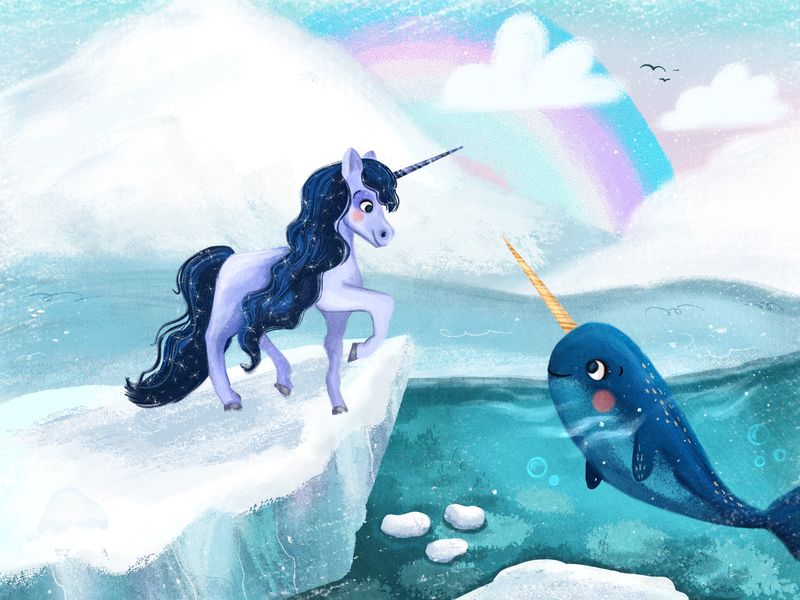 A unicorn and narwhal on an iceberg beneath a rainbow
