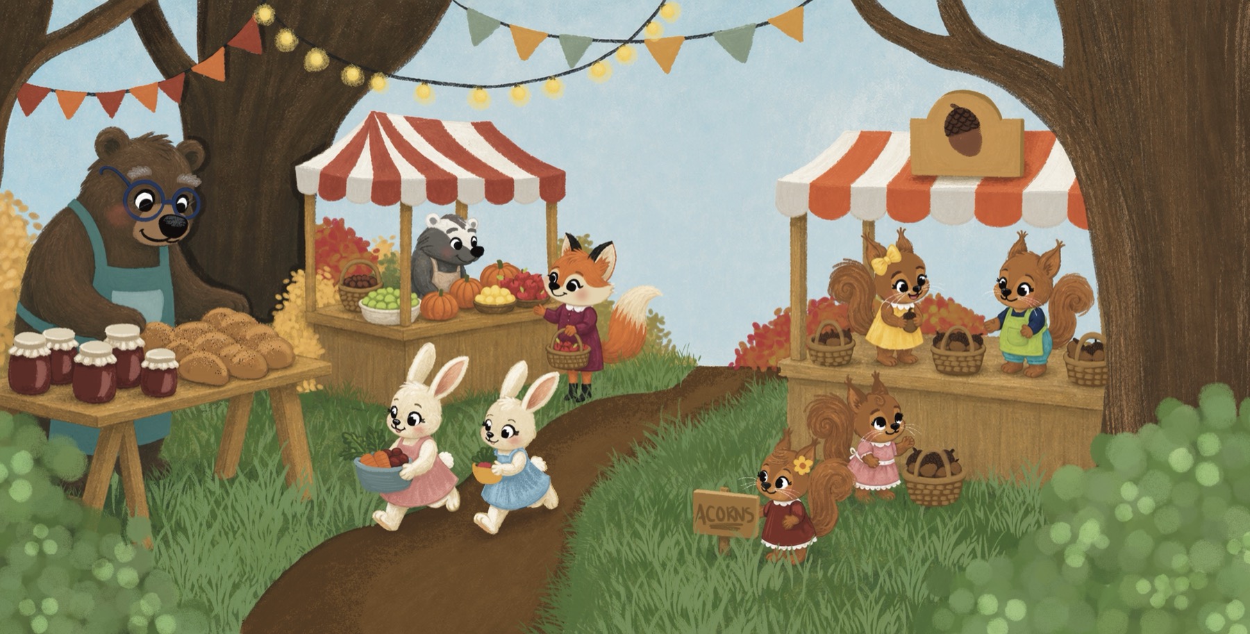 Woodland animals shopping at an autumn market beneath bunting and string lights